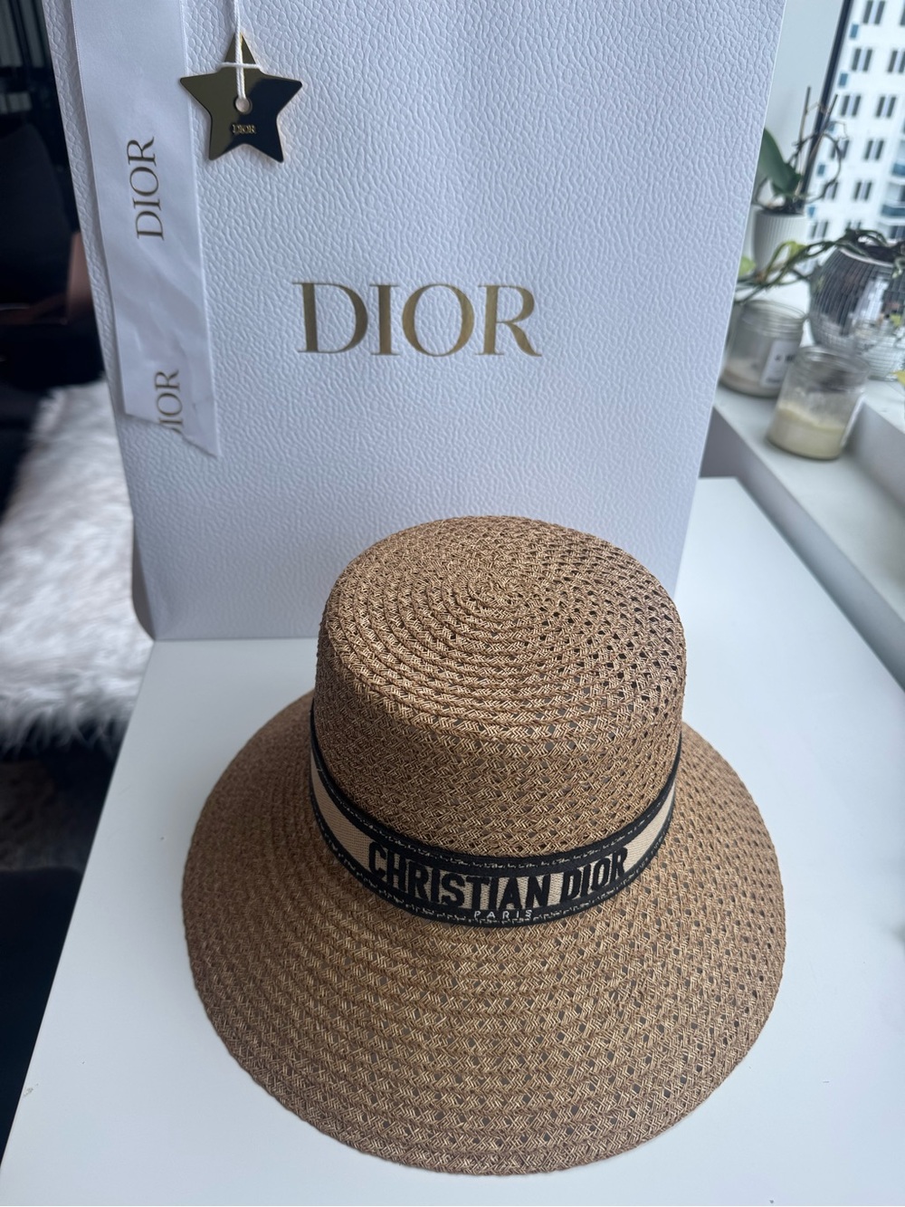 Dior Tan Straw Bucket Hat with Black Logo Band - Picture 3 of 10